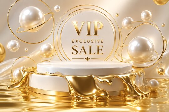 Luxurious VIP Exclusive Sale promotion display with opulent golden liquid drips and lustrous pearl orbs creating a premium and high-value shopping event atmosphere for discerning customers seeking exc