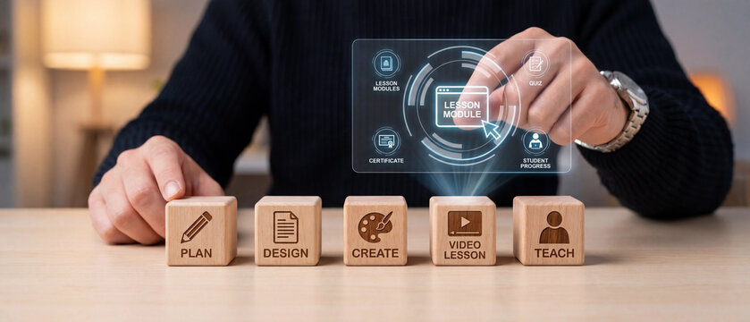 A person interacting with a digital holographic interface for online education management and lesson planning