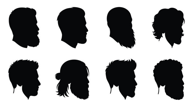 Set of eight black silhouettes featuring men head profiles with diverse hairstyles and beard shapes, isolated on a white background, for barber shop branding