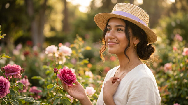 Young woman smiling in a rose garden during golden hour holding a flower. Adolescent wearing boater hat figure on the right