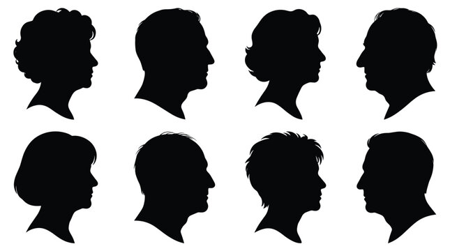 Set of eight black silhouettes showing side profiles of human heads for men and women isolated on a white background, for use in, identity, avatar, or, demographic projects and layouts