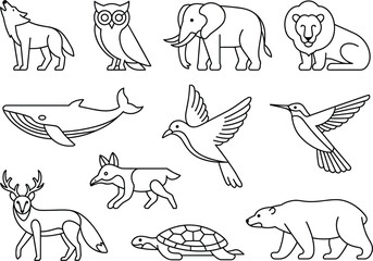 Obraz premium Collection of black and white line depicting various wild animals, including a wolf, owl, elephant, lion, and whale, isolated