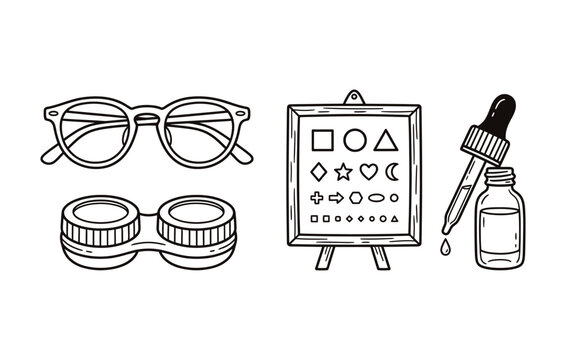 Hand drawn optical clinic accessories set featuring eyeglasses contact lens case vision testing chart with geometric shapes and eye drop bottle for ophthalmology design projects