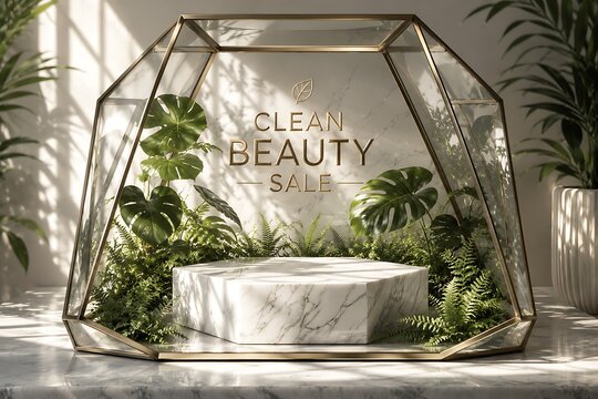 Luxurious Geometric Terrarium Display Showcasing Natural Beauty Products with Lush Greenery and Marble Pedestal for Premium Skincare and Wellness Promotions Evoking Serenity and Organic Luxury. 3d ren