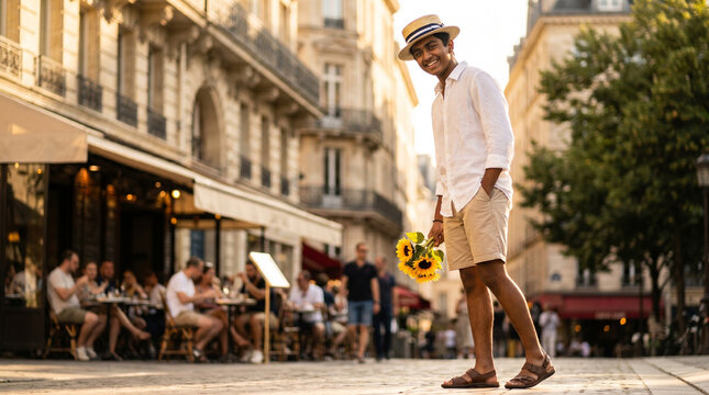 Young man smiling with sunflowers on a sunny street in Paris