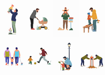 Fototapeta premium A collection of flat illustrations showing various fathers and same-sex parents spending quality time with their children in diverse outdoor settings.