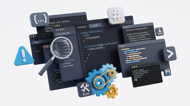 3D render of coding modules and software development tools including debug icons, build gears, code snippets and programming interface elements