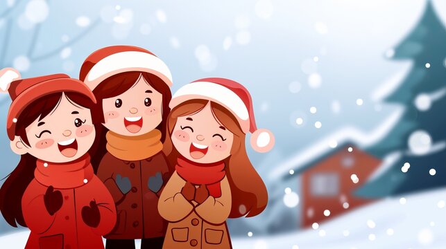 Three children enjoying a snowy winter day in cheerful scarves and hats