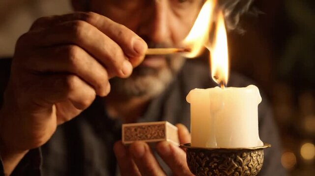 Man lights a candle with a match in a dim room during evening hours