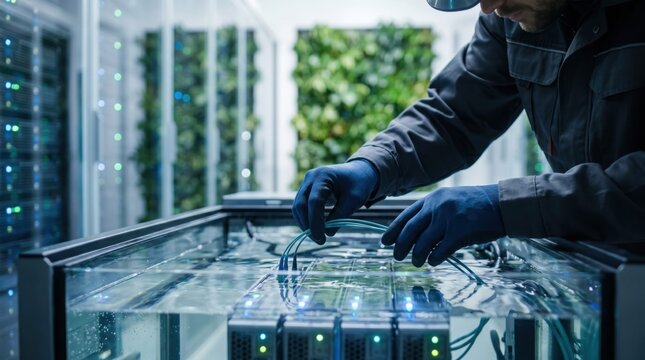 IT technician performing server maintenance in modern data center, connecting cables to liquid cooled hardware, network infrastructure support and technology service concept