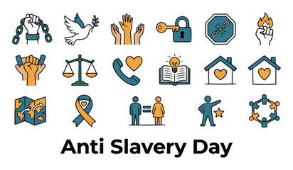 Fototapeta premium Anti Slavery Day Vector Icons Set. Human Rights, Freedom, Justice and Equality Symbols.