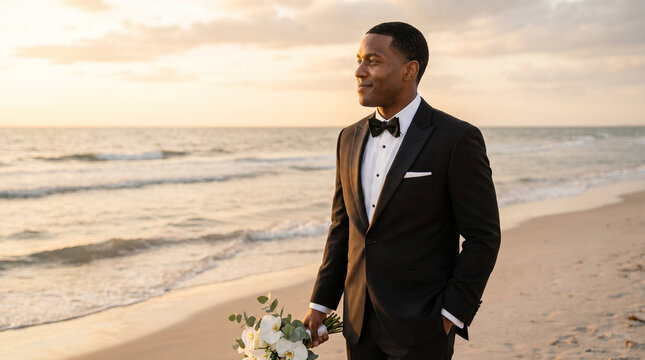 Groom standing by the ocean, smiling, holding a bouquet, sunset background