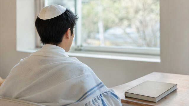 Young man wearing kippah and tallit looking out window for Yom Kippur. Jewish believer sitting at table with sacred book. Traditional religious observance and spiritual reflection.