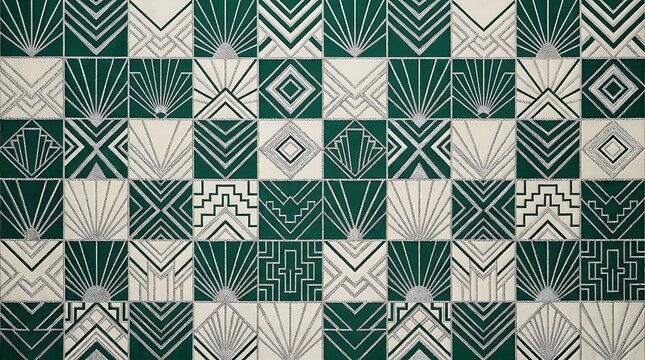 Emerald green and cream art deco geometric tile pattern background