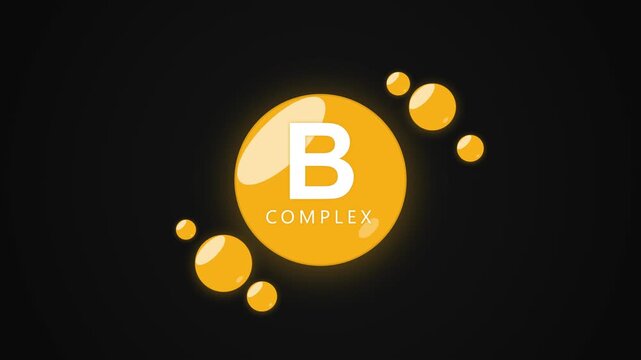 Vitamin B Complex Supplement. A 3D animation of a Vitamin B Complex pill with orbiting spheres against a dark background. Great for health, nutrition, and medical science video projects.