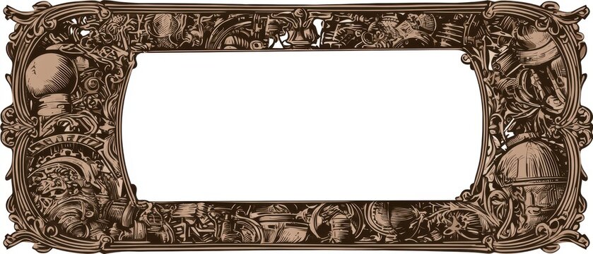 Engraved ornamental frame, intricate illustrations of complex machinery and filigree, large rectangular blank center, dark bronze color