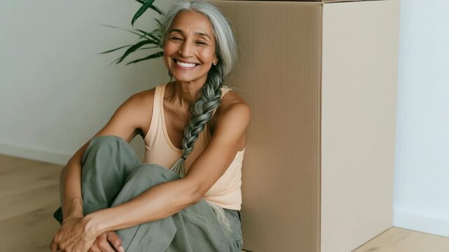 Mature woman smiling while seated by packed box in home