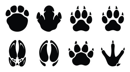 Collection of eight distinct animal paw prints and footprints, including bear, canine, feline, hoofed, and bird tracks, rendered as solid black silhouettes on a white background © NoobCreaTion