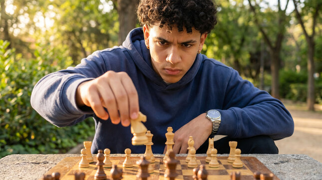 Teen boy playing chess in the park, focused expression, outdoor setting