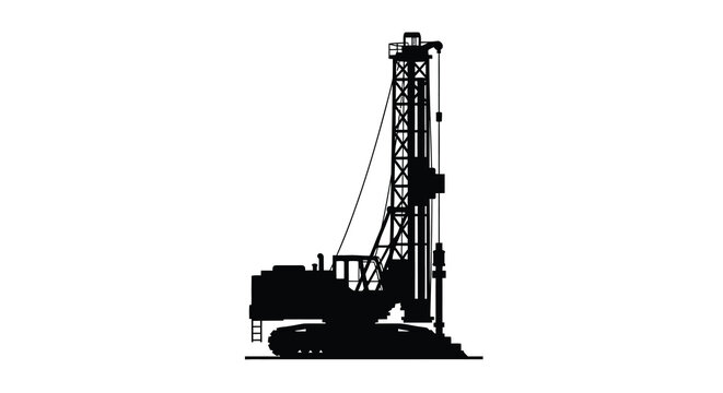 Piling Rig Machine Silhouette Vector, Crawler Drilling Rig for Foundation Engineering and Construction Site Black Outline Illustration