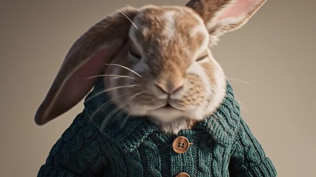 Detailed CGI rabbit wearing knitted green sweater on beige background
