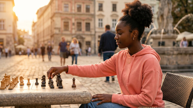 A Black African American teenage girl plays chess outdoors. 