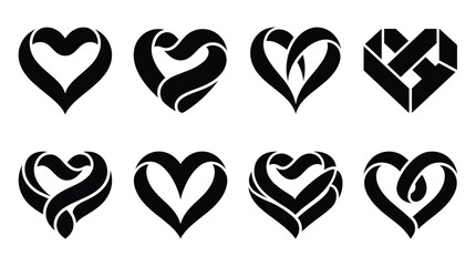 Set of eight black heart with various stylized ribbon and knot patterns, isolated on a white background, romantic greeting cards, wedding invitations, or love symbols © NoobCreaTion