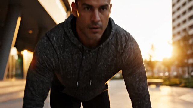Determined man in running start position outdoors at sunset