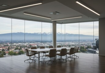 Fototapeta premium Modern conference room with large window overlooking city and mountains, empty executive meeting space for business presentation background for corporate and commercial. 