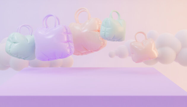Fliegende pastellfarbene Einkaufst&uuml;ten im Ballon-Design &uuml;ber leerer Plattform