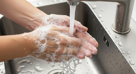 Fototapeta premium Washing Hands With Soap And Water Under Kitchen Faucet