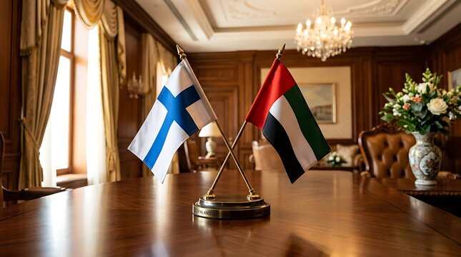 Finland and UAE small desk flags on wooden table in luxury meeting room for diplomatic cooperation.