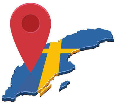 3D isometric map of Sweden textured with national flag and a large red pointer mark representing travel destination, geographic coordinate and localization logistics (cut out)
