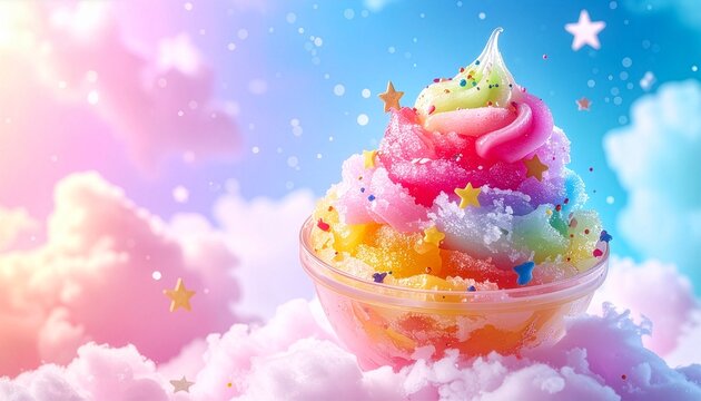 夏のポップなファンシー背景に浮かぶカラフルかき氷の広告写真素材