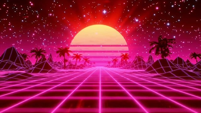 Retro Synthwave Neon Sunset Landscape with Palm Trees, Futuristic Grid Horizon, Vaporwave 80s Sci-Fi Background