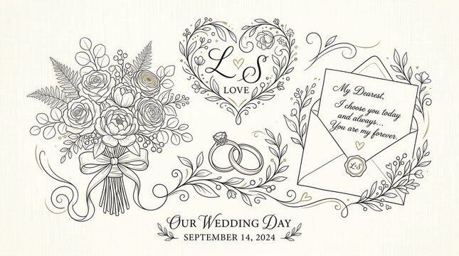 Elegant hand-drawn wedding day elements illustration with floral bouquet, rings, love letter, and heart wreath.
