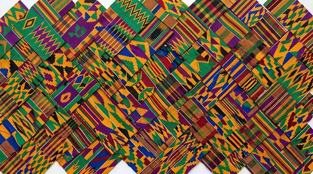 Colorful collage of traditional kente fabric with geometric patterns