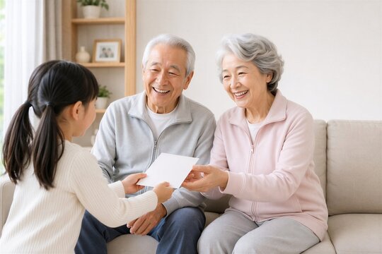 ソファで孫から手作りカードを受け取る日本人祖父母
