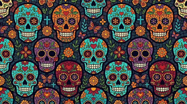 Colorful day of the dead sugar skull pattern with mosaic details