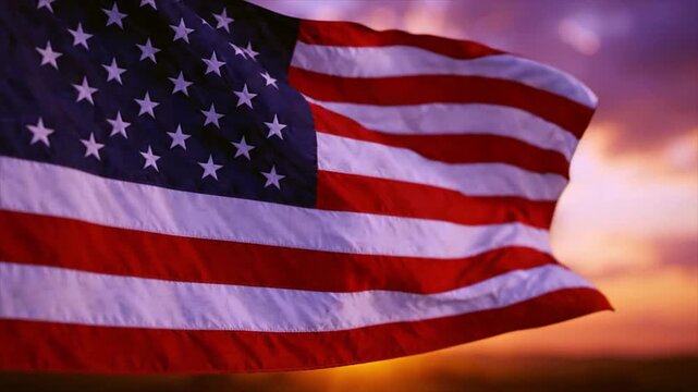 American Flag Waving Against a Clear Blue colorful Sky Waving American Flag with Dramatic Lighting