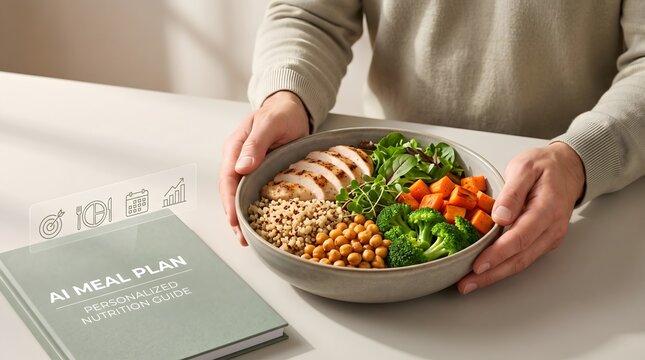 Smart automated dietary program concept featuring AI meal plan book and holistic nutrition tracking interface