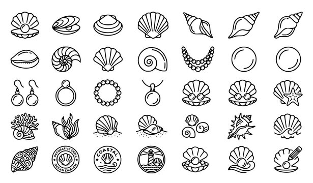 Seashell and Pearl Outline Icon Set Editable Oyster Shell Vector Collection
