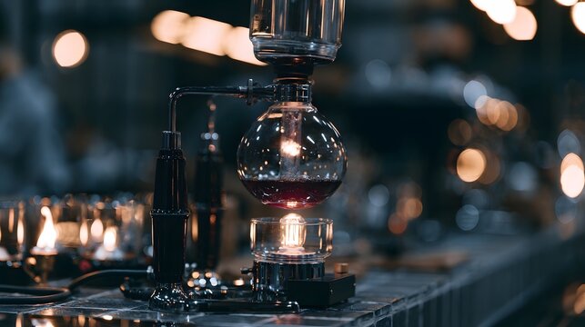 A glass siphon coffee maker brews dark coffee on a sleek counter under warm ambient lighting