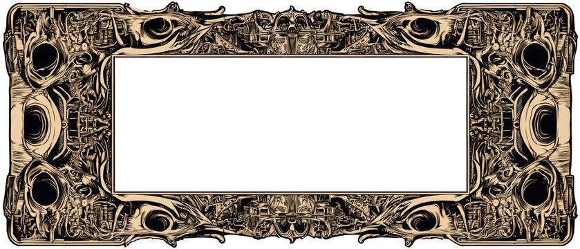 Engraved ornamental frame, intricate illustrations of complex machinery and filigree, large rectangular blank center, dark bronze color