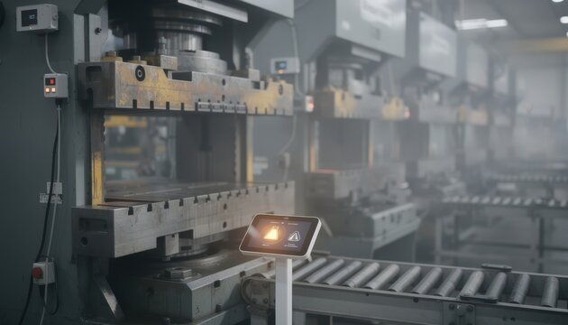 Medium shot focusing on an alert notification system triggered by IoT sensors detecting potential wear issues on stamping presses in a manufacturing environment.