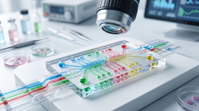 Microfluidic chip analysis under microscope lens, scientific research laboratory equipment with colorful liquid samples for medical testing and biological experiments on white d...