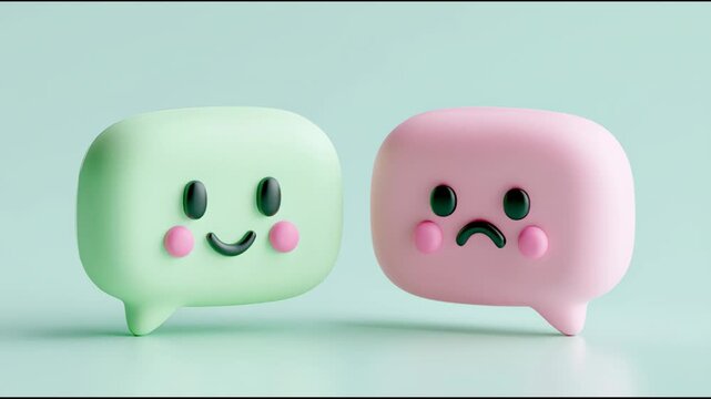 Two clay render bubbles show happy and sad faces while changing emotions. This visual representation highlights contrasting feelings in a fun way.