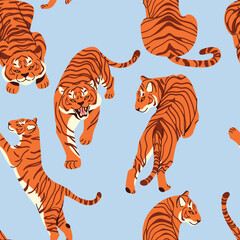 Seamless tiger pattern with hand drawn striped wild cats in different poses. Modern flat vector jungle animal background for wrapping paper, stationery and surface design © m_matvi