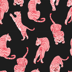 Seamless tiger pattern with hand drawn striped wild cats in different poses. Modern flat vector jungle animal background for wrapping paper, stationery and surface design © m_matvi