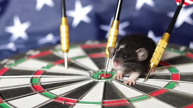 Little black rat sits on a game dartboard with three gold darts while a large American flag waves in the background during a bright afternoon in the USA